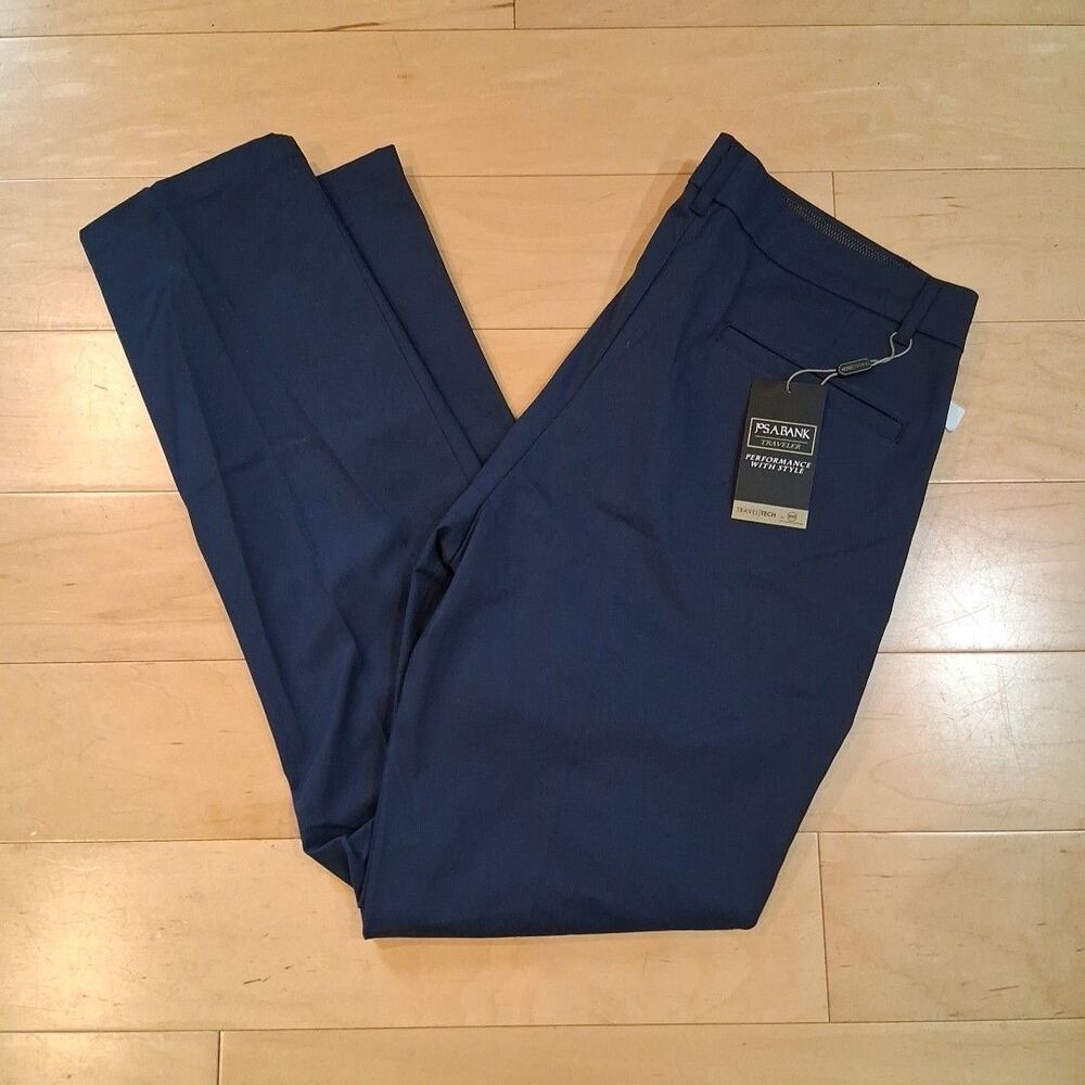 NWT Jos A Bank Traveler Travel Tech Pants Mens 36x32 Navy Blue Slim Fit Stretch